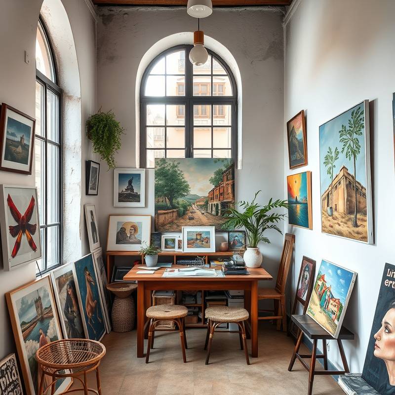 Interior del estudio Alma Creativa en el Barrio Gótico, Barcelona, mostrando obras de arte y luz natural