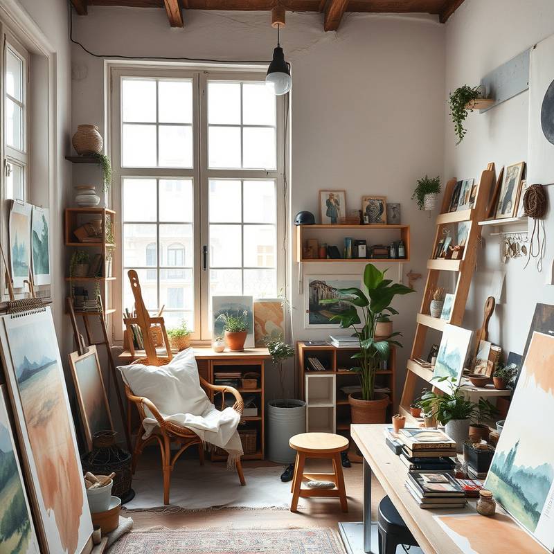 Interior del estudio Alma Creativa en Gracia, Barcelona, con un ambiente bohemio y obras de acuarela