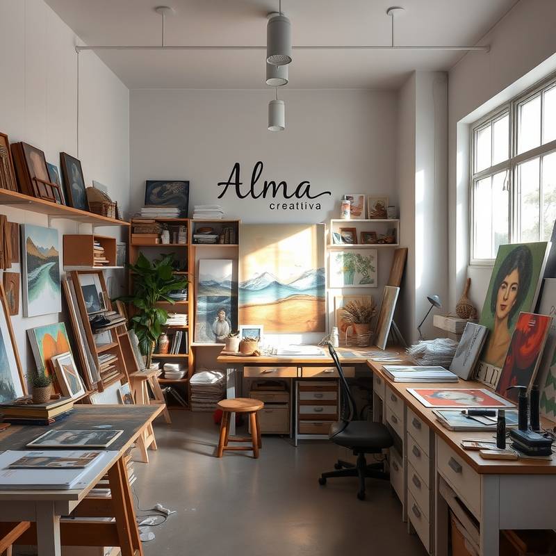 Interior del estudio de arte Alma Creativa, mostrando espacios de trabajo y obras de arte